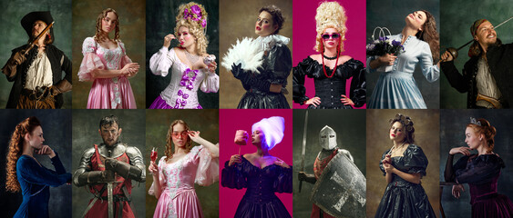 Collage made of portraits of medieval royal person, queen, princess, knight and pirate posing against dark vintage and pink background