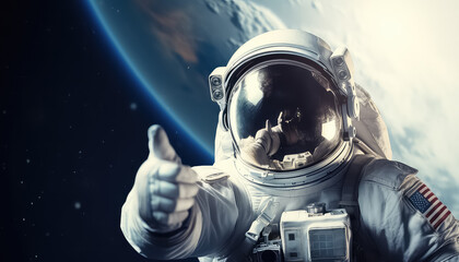 Cosmonaut in outer space showing thumbs up