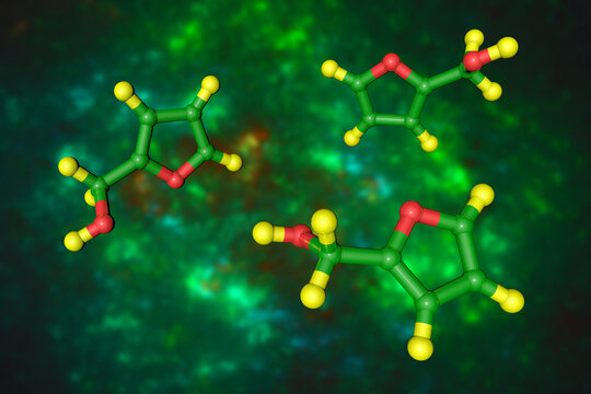 Furfuryl alcohol, a clear colorless liquid and an important organic compound, containing a furan substituted with hydroxymethyl group. Scientific background. 3d illustration