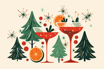 Christmas classic cocktail festive drink with Christmas tree illustration.