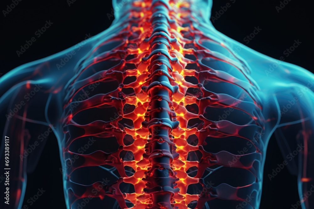 Poster a picture of a man's back with a highlighted spine. this image can be used for medical or educationa