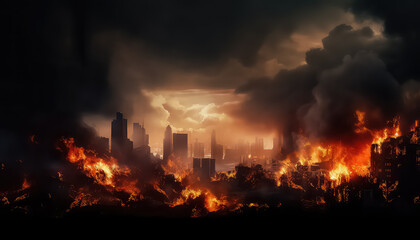 The city at night is engulfed in flames and fire and smoke are burning - Powered by Adobe