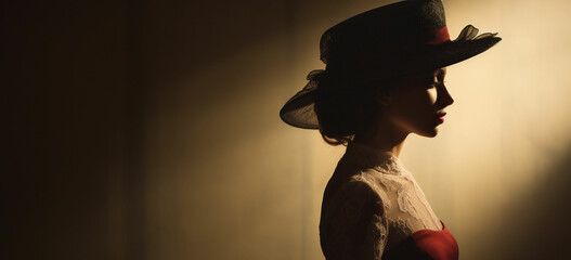 A classic silhouette showcasing a woman in elegant, vintage attire, capturing the timeless style and sophistication.