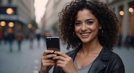 smiling woman with black curly hair holding a phone in her hand on a city street
