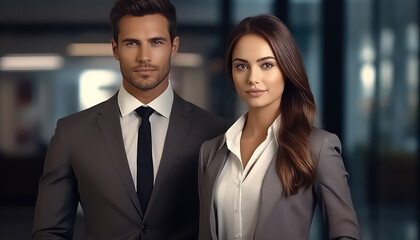 Man and woman in business suit in love relationship at work in office