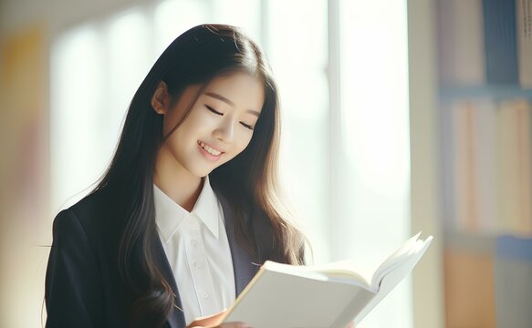 cute korean teenage girl in school uniform reading a book in a sunlit living room, smiling. generative AI