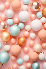 Creative Christmas bubbles decoration pattern on peach fuzz background. Minimal pastel flat lay concept. 
