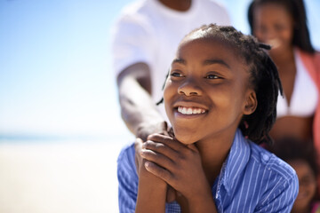 Thinking, black boy and happiness on beach with family for adventure, holiday or vacation in...