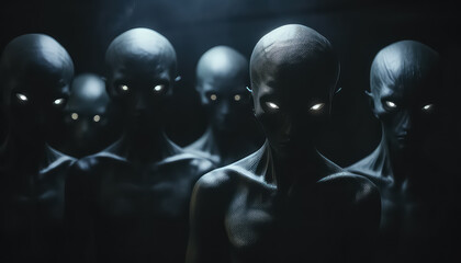 Group of humanoids looking with glowing eyes - obrazy, fototapety, plakaty
