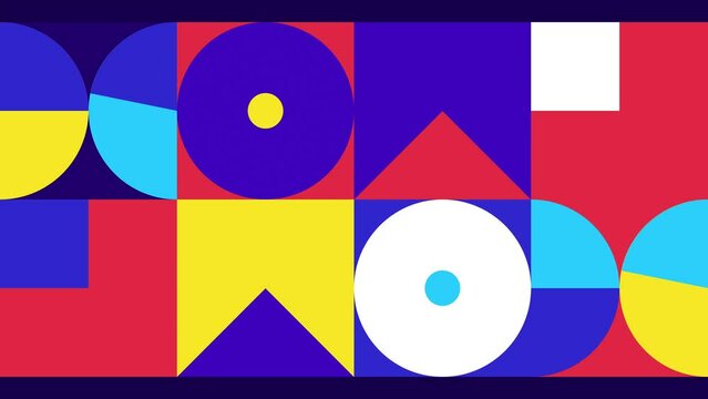 Geometric pattern. Animation of colored circles, squares and triangles. Bauhaus Design style. Flat figures transforming and changing color. seamless loop.