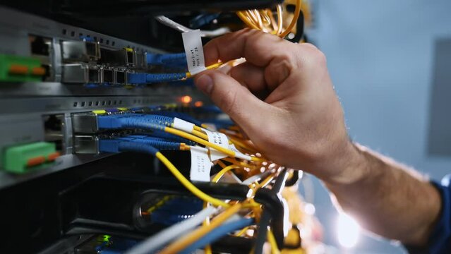Close up view of hand that fixing internet. Young man is working with equipment and wires in server room