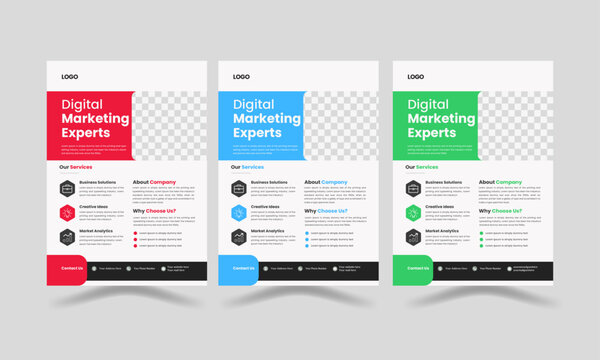 Modern creative Clean Corporate Business flyer template vector design, set with red, blue, and green color. marketing, promotion, business proposal, advertise, publication, cover page in A4 size
