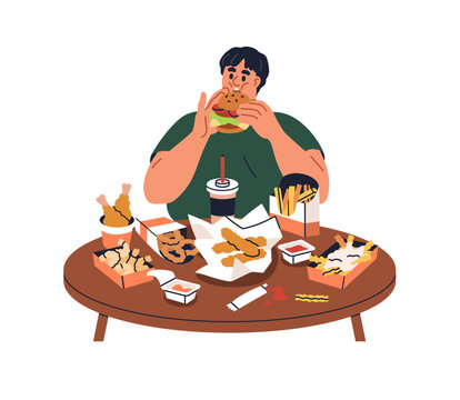 Man glutton eating fast junk food. Person overeating fastfood, burgers, fat snacks. Hungry character and unhealthy diet, gluttony. Flat graphic vector illustration isolated on white background