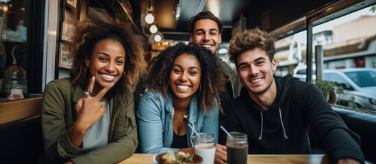 Friends of different backgrounds posing for selfie near mobile eatery.