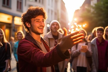 Young man performing street magic in a lively urban square