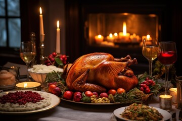 Huge yummy baked turkey on plate with grapes on table with candles served for thanksgiving day