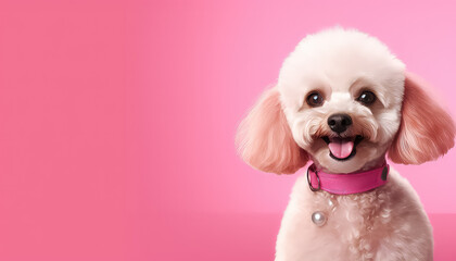 Cute white dog with collar on pink