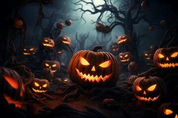 Frightening halloween pumpkin lanterns in dark trees forest and full moon and cemetery on background