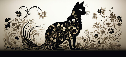 A cat silhouette composed of intricate floral patterns combining the elegance of nature with the beauty of feline form
