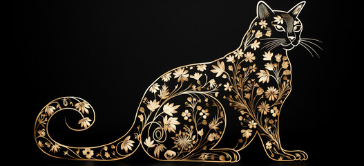 A cat silhouette composed of intricate floral patterns combining the elegance of nature with the beauty of feline form