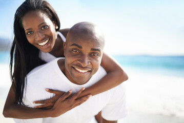 Piggyback, smile and portrait of black couple at the beach for valentines day vacation, holiday or...
