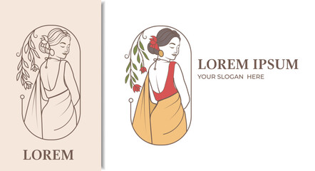 beauty and fashion logo design template, with beautiful indian woman wearing  saree dress  illustration