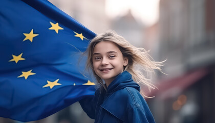girl holds the flag of Europe on the street
