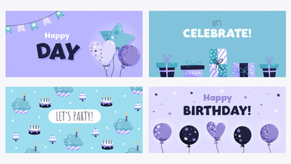 Set of happy birthday greetings and invitation cards with balloons, cakes and gifts. Vector illustration in cartoon style.