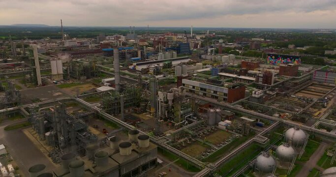 Aerial view heavy industry chemical park. Aerial view Dormagen production and manufacturing of different chemical products. Germany, Dusseldorf
