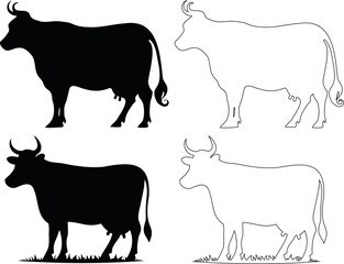 Cow silhouettes, vector illustrations, cows outlines. Perfect for farm, dairy, livestock, agriculture themes. Features four cows in side profile view, two filled in black color, two outlined drawings