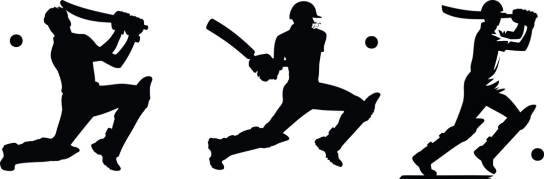 Cricketer silhouettes, dynamic action poses, playing cricket. showcasing various cricket shots. Ideal for sports design, event promotion. Batsman hitting ball, running pose