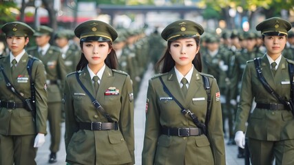 Cute Asian Girl In Military Suit Background