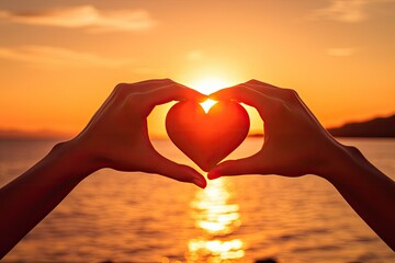 Beautiful sunset with two hands holding hearts.