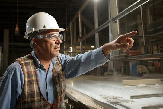 A man wearing a hard hat and goggles standing in a work area. He points to something in the distance, drawing attention