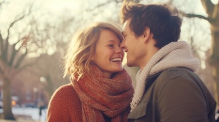Fototapeta premium Smiling couple enjoying romantic moment on winter day. Love and affection.