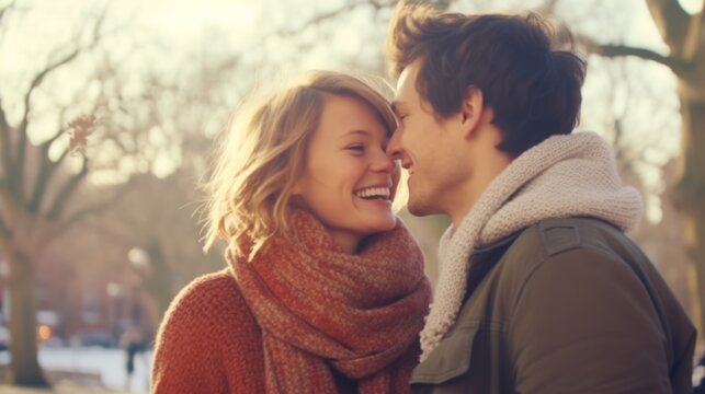 Smiling couple enjoying romantic moment on winter day. Love and affection.