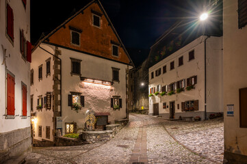 Pesariis, the town of watches. Walk in the town between dusk and night