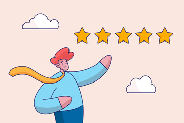 Business reputation and satisfaction concept. Customer feedback 5 stars rating, best quality, excellence high performance evaluation, positive ranking, confidence businessman giving 5 stars rating.