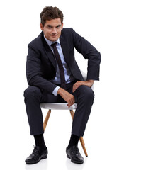 Sitting, manager and portrait of businessman in a chair with white background or mock up space in...