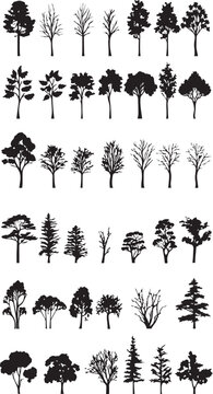 Big collection of tree silhouettes isolated on white background