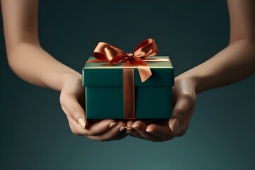 Hands hold a beautiful gift box with a ribbon and white tulips, Gift Giving, Surprise Gift - Ai Generated