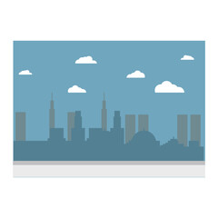city under the rain Purple cityscape background, City buildings and trees at city view. Monochrome urban landscape with clouds in the sky. Modern architectural flat style vector illustration.