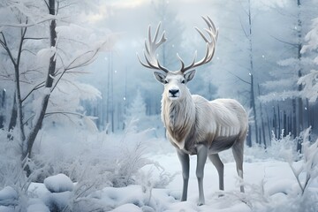 Naklejka na ściany i meble Wild reindeer with antlers on snowy field in winter, Herd of Reindeer, Reindeer sleigh-Ai Generated