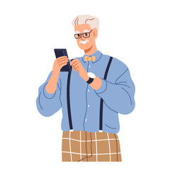 Old man using mobile cell phone. Senior elderly character holding smartphone in hands. Aged cellphone user, happy person texting online. Flat graphic vector illustration isolated on white background