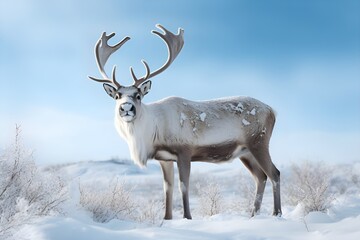 Naklejka na ściany i meble Wild reindeer with antlers on snowy field in winter, Herd of Reindeer, Reindeer sleigh-Ai Generated