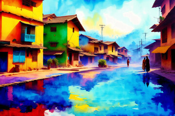 A watercolor town. Enchanting Mexican Delights. Watercolor Painting of a Vibrant Town. Generative AI