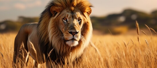 Stunning lion named Caesar in Kenya's golden Masai Mara grasslands.