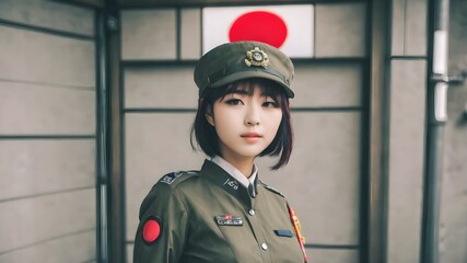 Cute Asian Girl In Military Suit Background