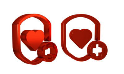 Red Shield and heart rate icon isolated on transparent background. Health protection concept. Health care.