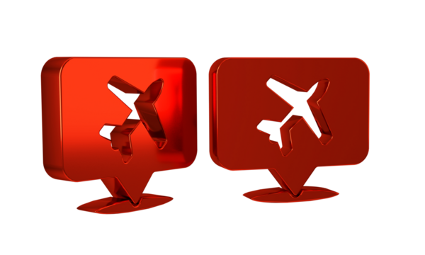 Red Speech bubble with airplane travel icon isolated on transparent background. Plane flight transport sign. Holidays symbol.